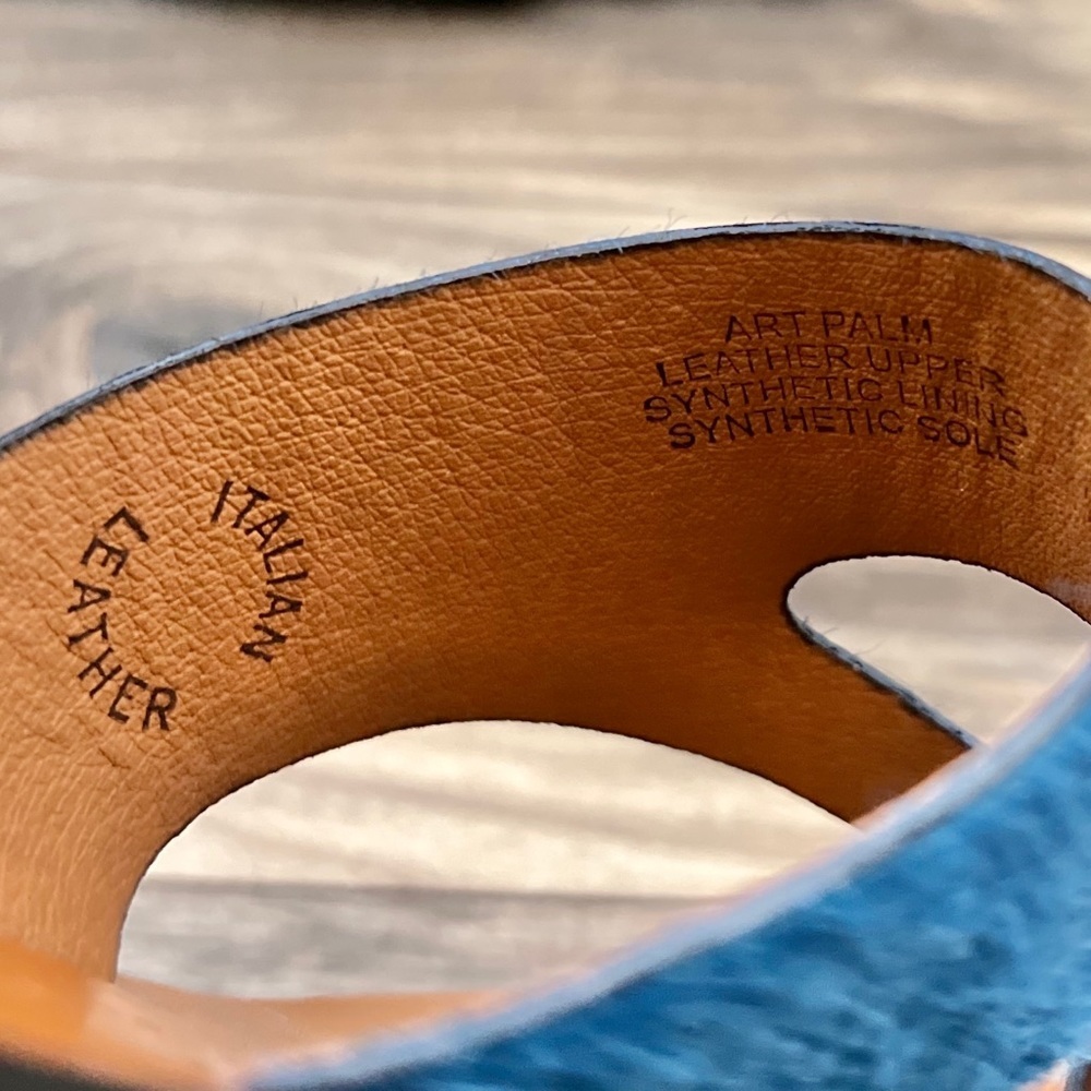 NIB Kenneth Cole Asymmetric Palm Sandal Thong Toe Loop Flip Flop Blue Real Fur - Picture 10 of 11